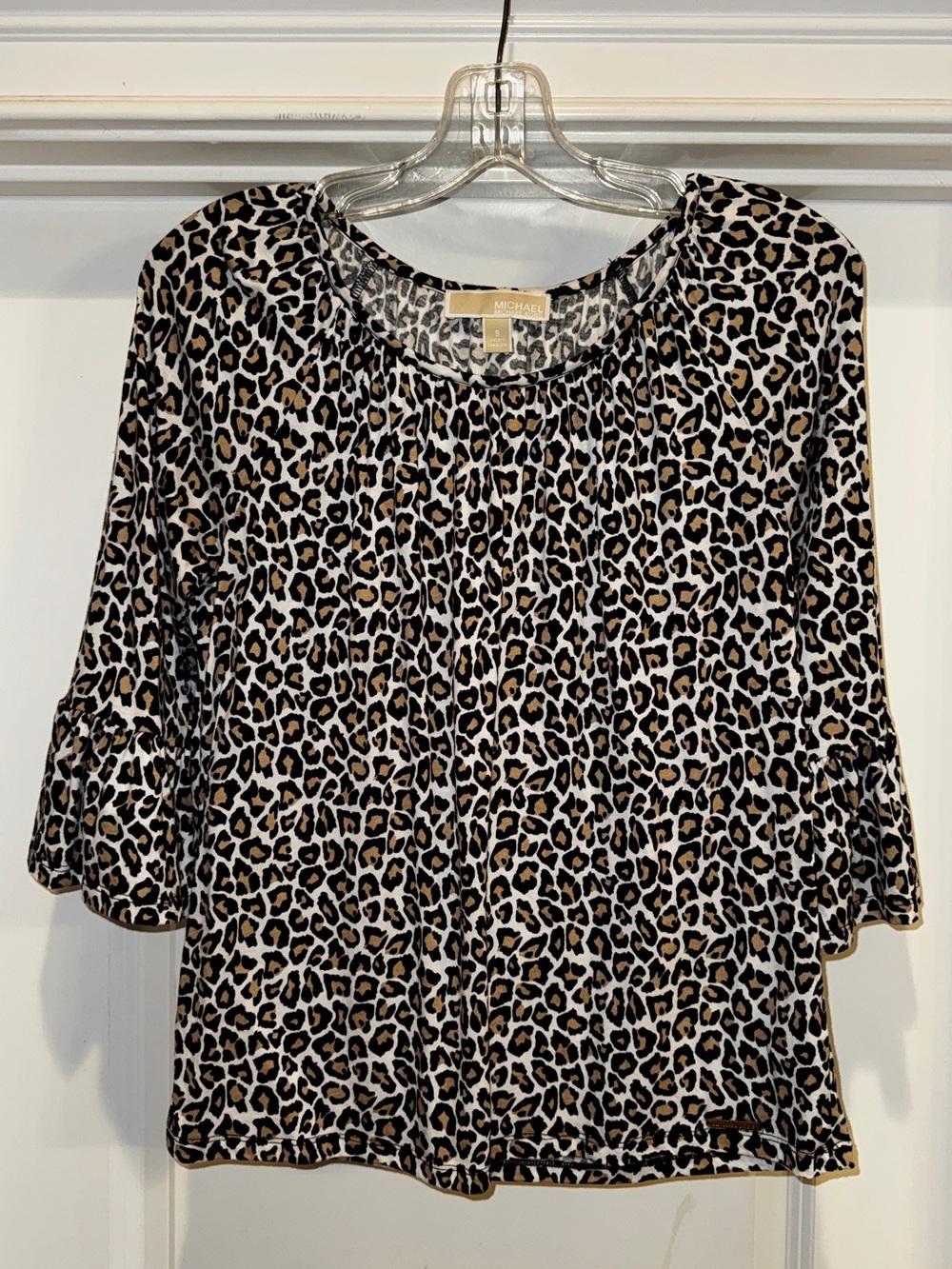 Michael Kors Leopard Print Ruffled Sleeve Women's Top - Tan Black Small